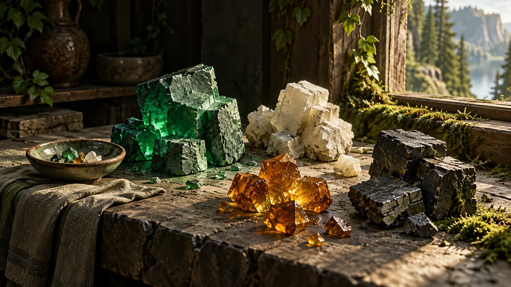 Original concept art: Imagined green minerals and amber shards on a stone table; not gameplay.